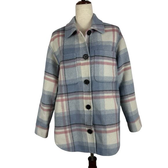 Rails Shacket Women Medium Blue Pink Plaid Connie Wool Blend Fleece Soft Heavy - Picture 1 of 14